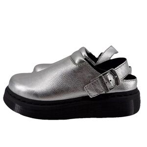 Dr Martens Laketen Women Size 6 Silver Metallic Leather Slingback Clog Mules